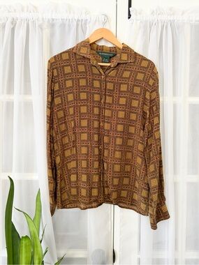 Vintage Bushwacker Silk 1970’s Vibe Printed Button Down Shirt Size Large